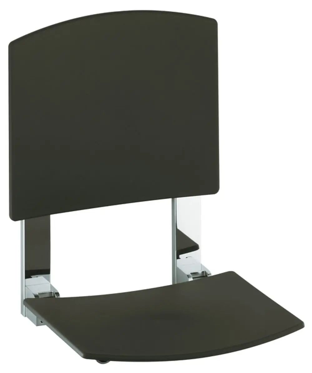 Klappsitz von Keuco, schwarzgrau mit verchromten Halterungen, der sich an der Wand montieren lässt. Geeignet für platzsparende Lösungen in Bädern oder ähnlichen Bereichen.
